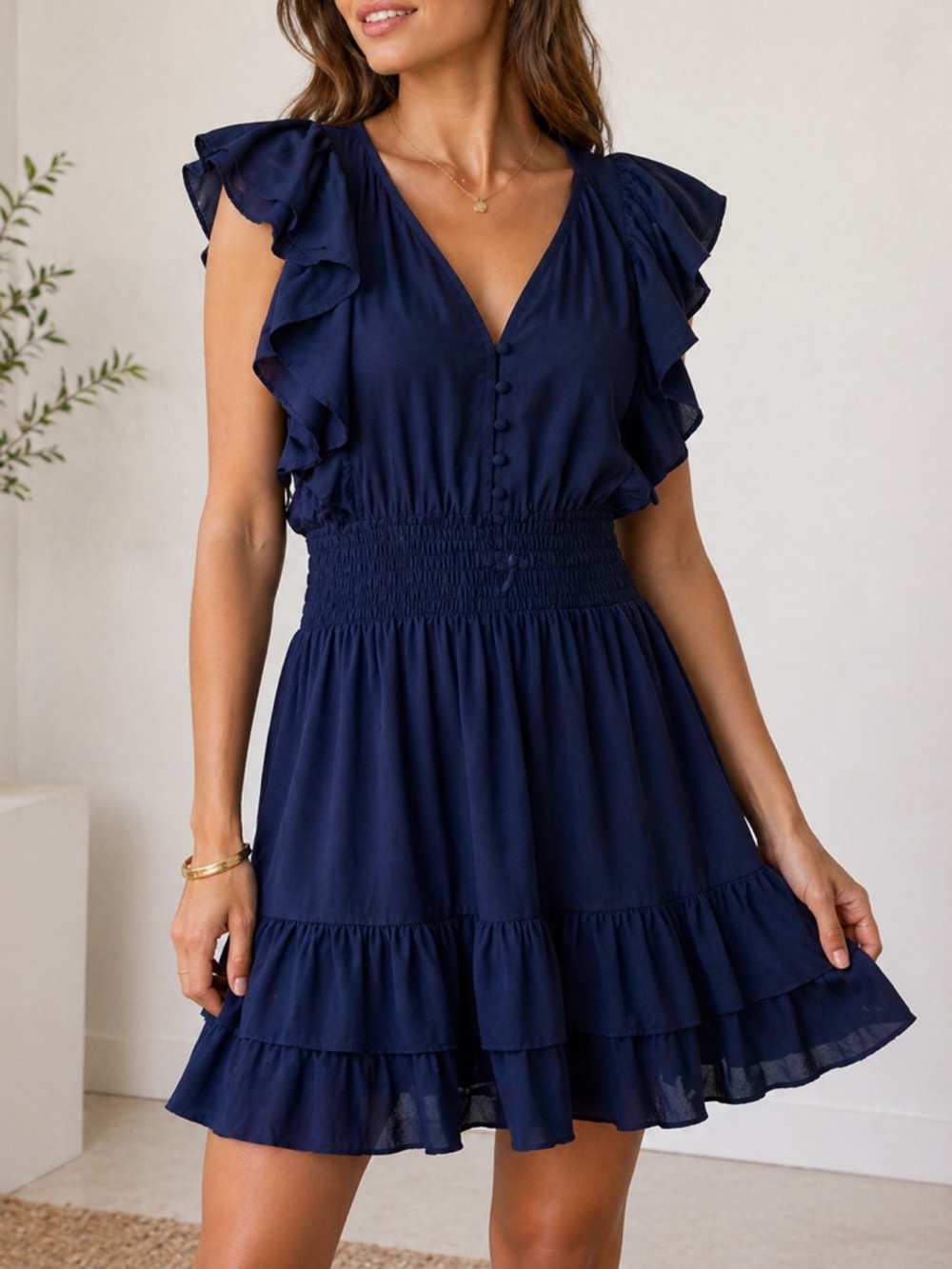 Ramy Brook Navy Ruffle Sleeve Mini Dress Smocked Waist V Neck Flowy Boho